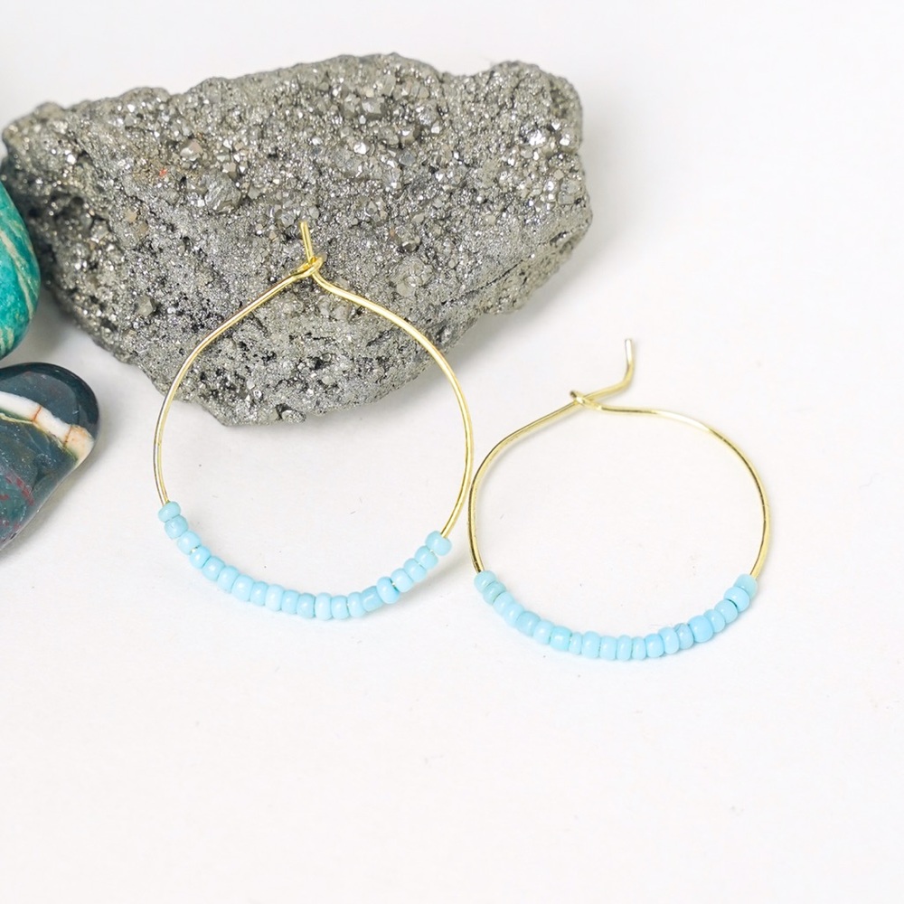 Seed Bead Hoop Earrings Handmade Light Blue Brass